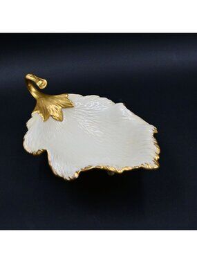 Lenox Leaf Shaped Candy Dish Tray White Gold Trim Vintage